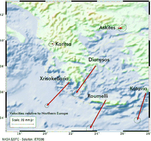 Map of tectonic motion in the Aegean region