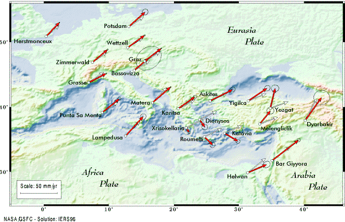 Map of tectonic motion in Europe
